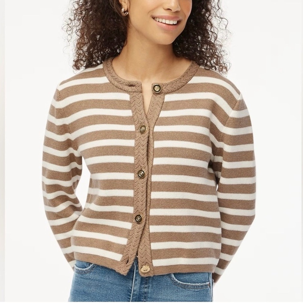 New J. Crew Mushroom & Ivory Stripe Cotton Lady Jacket Cardigan Sweater Size 3X